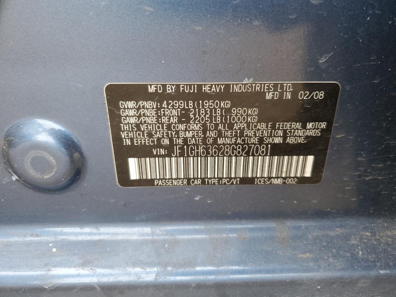 2008 Subaru Impreza VIN JF1GH63628G827081 Copart auction photo, rear end damage thumbnail 12