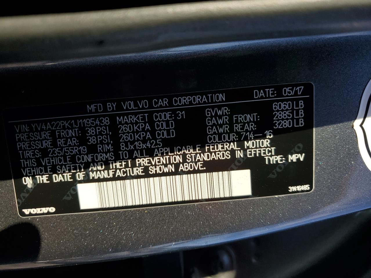 2018 Volvo XC90 VIN YV4A22PK1J1195438 Copart auction photo, minor dent/scratches damage thumbnail 13