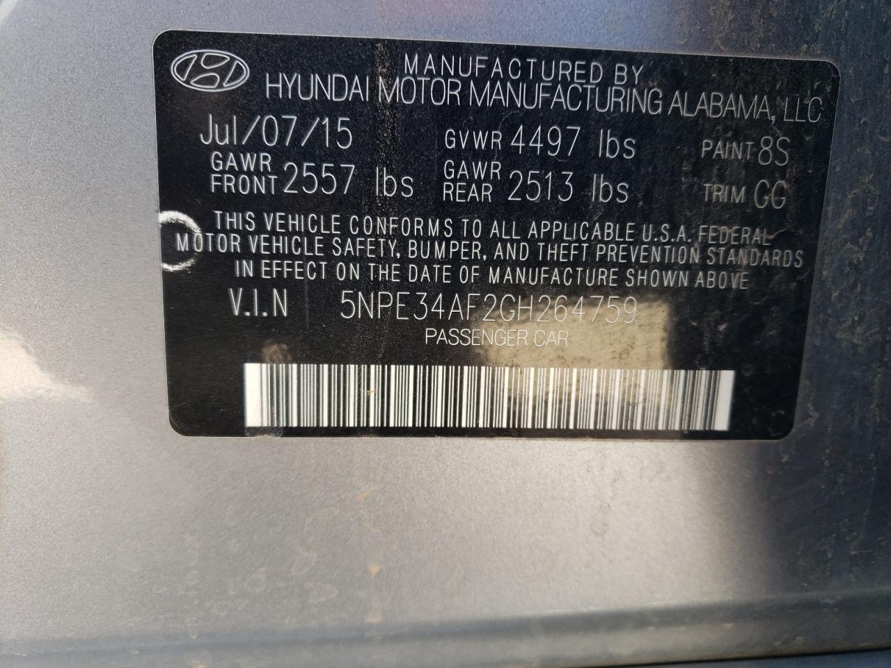 2016 Hyundai Sonata VIN 5NPE34AF2GH264759 Copart auction photo, front end / rear end damage thumbnail 12