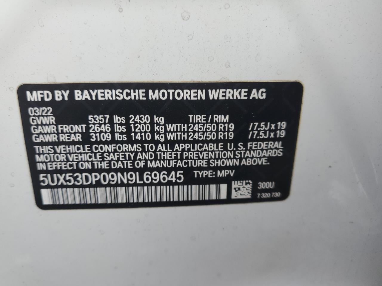 2022 BMW X3 VIN 5UX53DP09N9L69645 Copart auction photo, side damage thumbnail 13