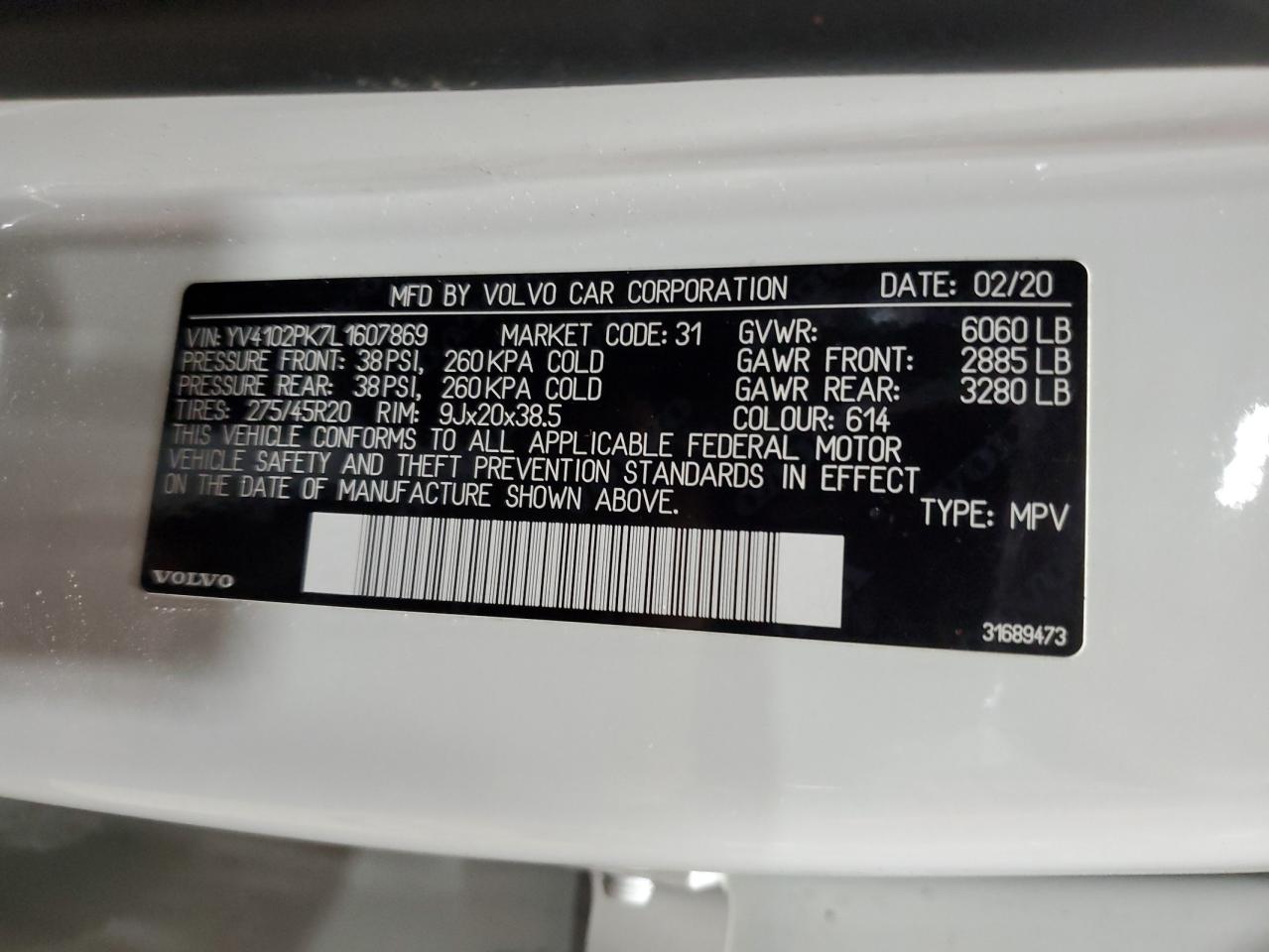 2020 Volvo XC90 VIN YV4102PK7L1607869 Copart auction photo, front end / side damage thumbnail 13