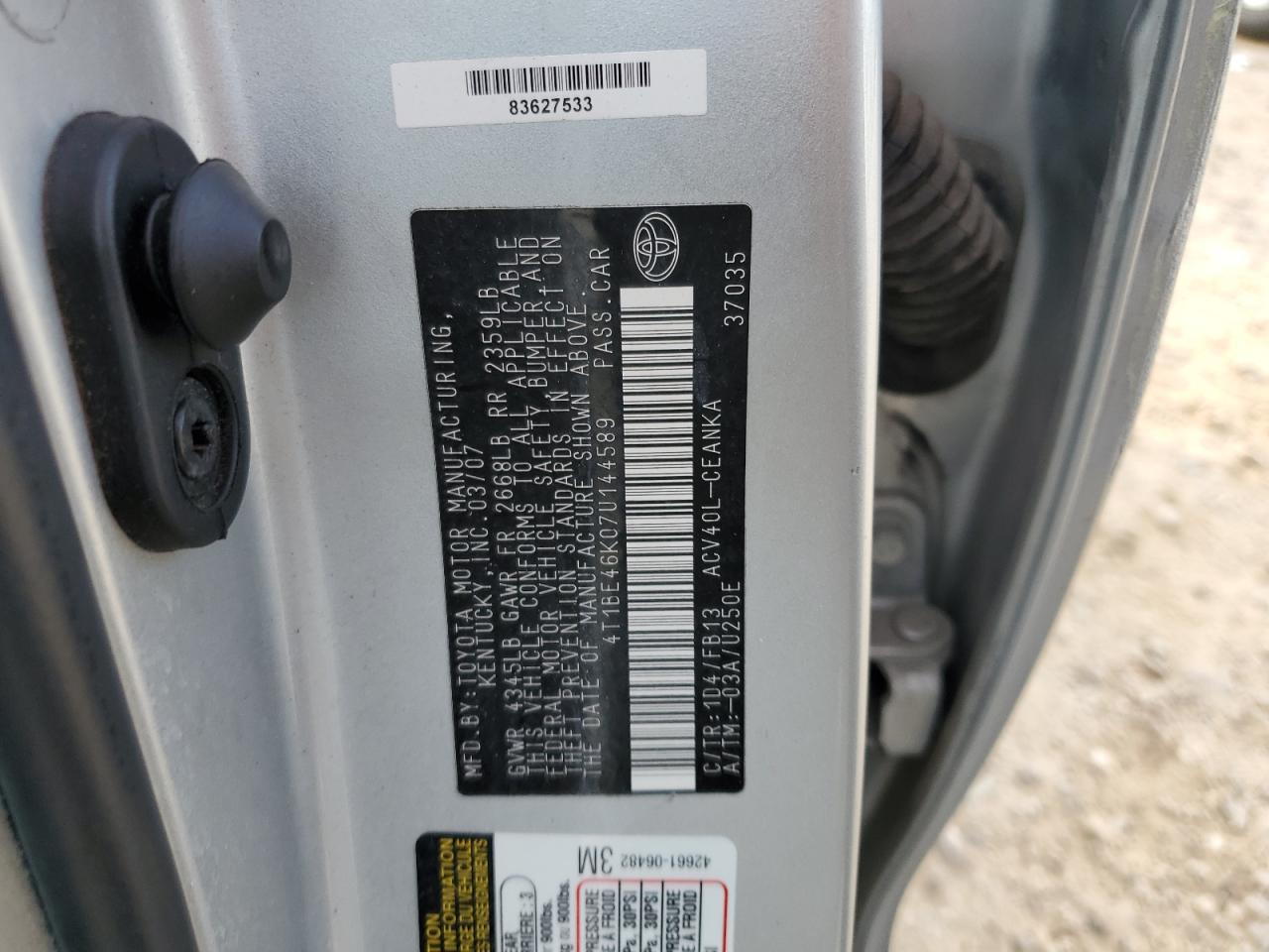 2007 Toyota Camry VIN 4T1BE46K07U144589 Copart auction photo, rear end damage thumbnail 12