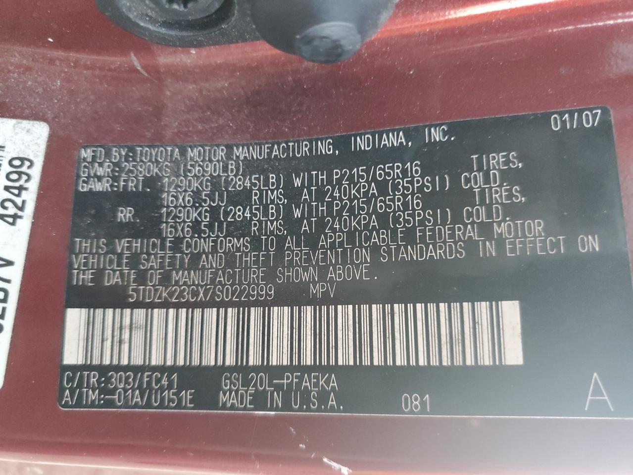 2007 Toyota Sienna VIN 5TDZK23CX7S022999 Copart auction photo, water/flood damage thumbnail 14