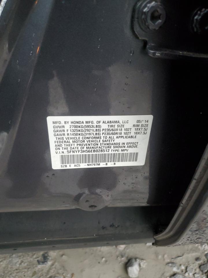 2014 Honda Pilot VIN 5FNYF3H56EB028512 Copart auction photo, side damage thumbnail 15