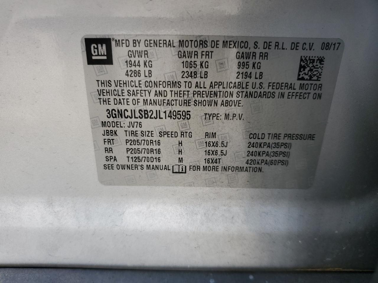 2018 Chevrolet Trax VIN 3GNCJLSB2JL149595 Copart auction photo, rear end damage thumbnail 12