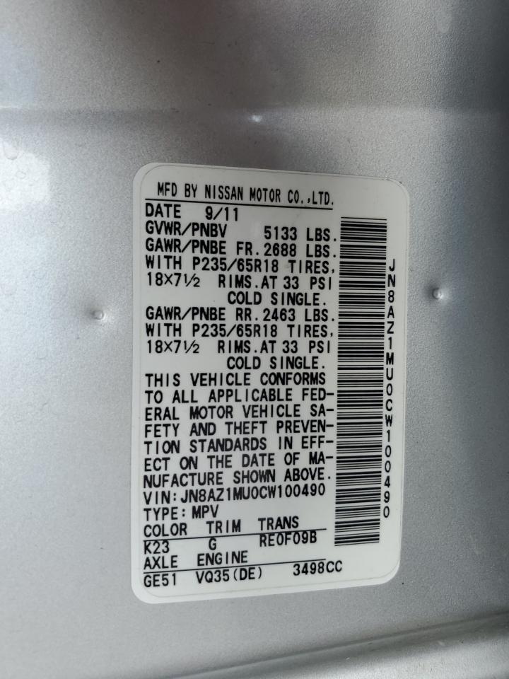 2012 Nissan Murano VIN JN8AZ1MU0CW100490 Copart auction photo, rear end / minor dent/scratches damage thumbnail 14
