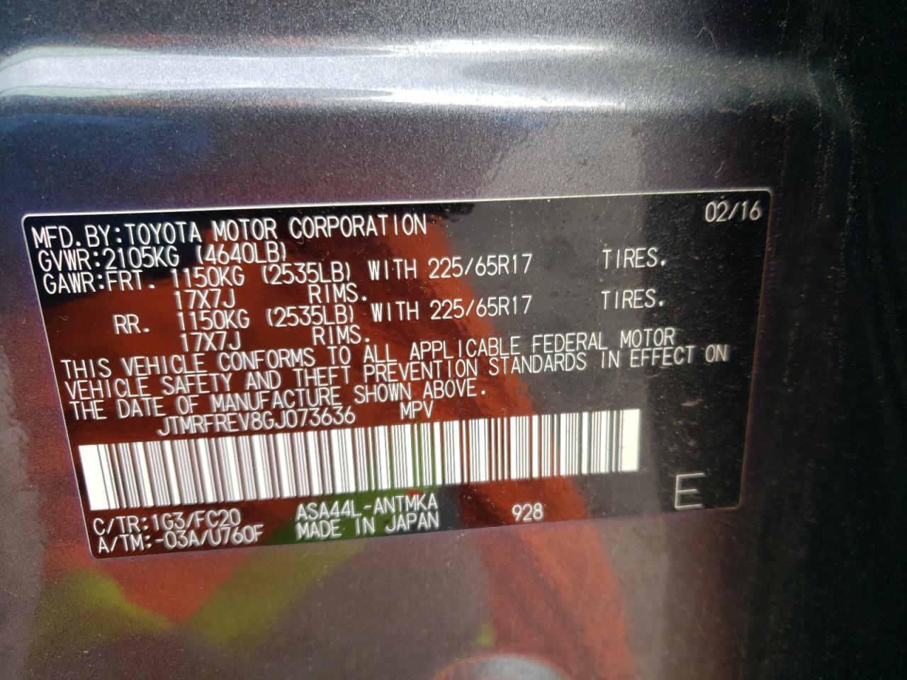 2016 Toyota RAV 4 VIN JTMRFREV8GJ073636 Copart auction photo, rear end / front end damage thumbnail 13