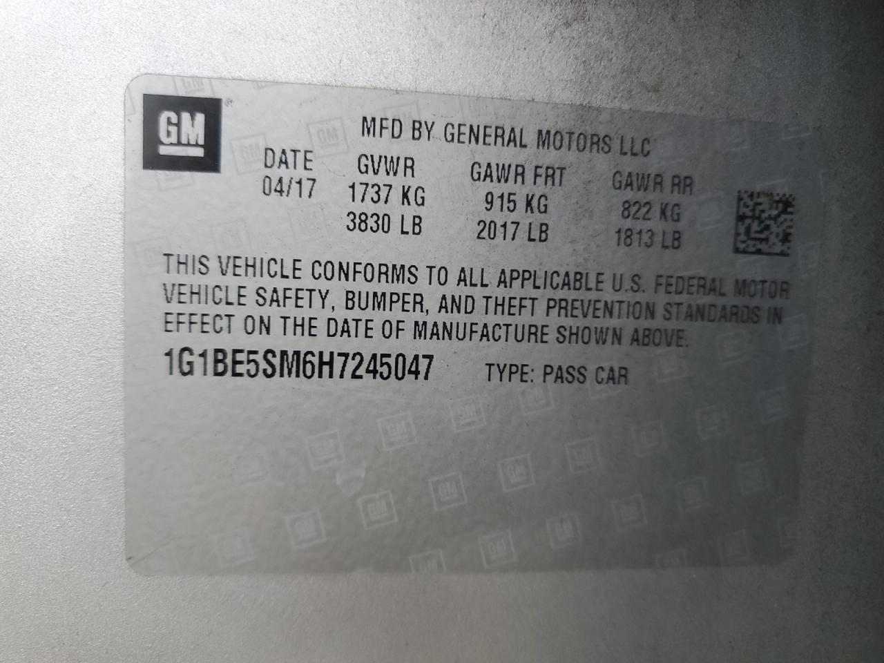 2017 Chevrolet Cruze VIN 1G1BE5SM6H7245047 Copart auction photo, front end / side damage thumbnail 13