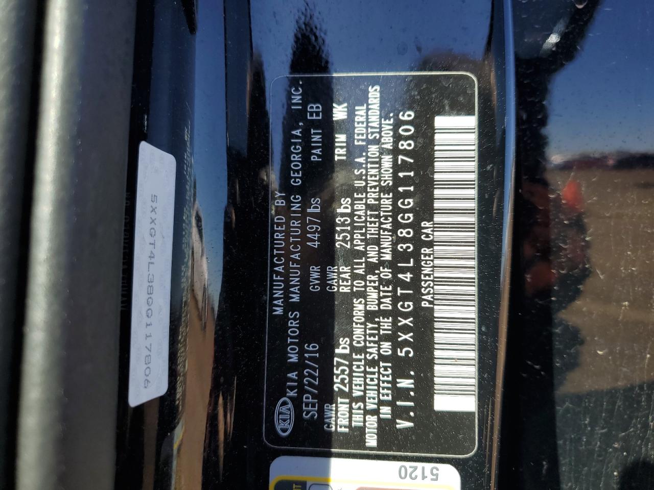 2016 KIA Optima VIN 5XXGT4L38GG117806 Copart auction photo, rear end / minor dent/scratches damage thumbnail 12
