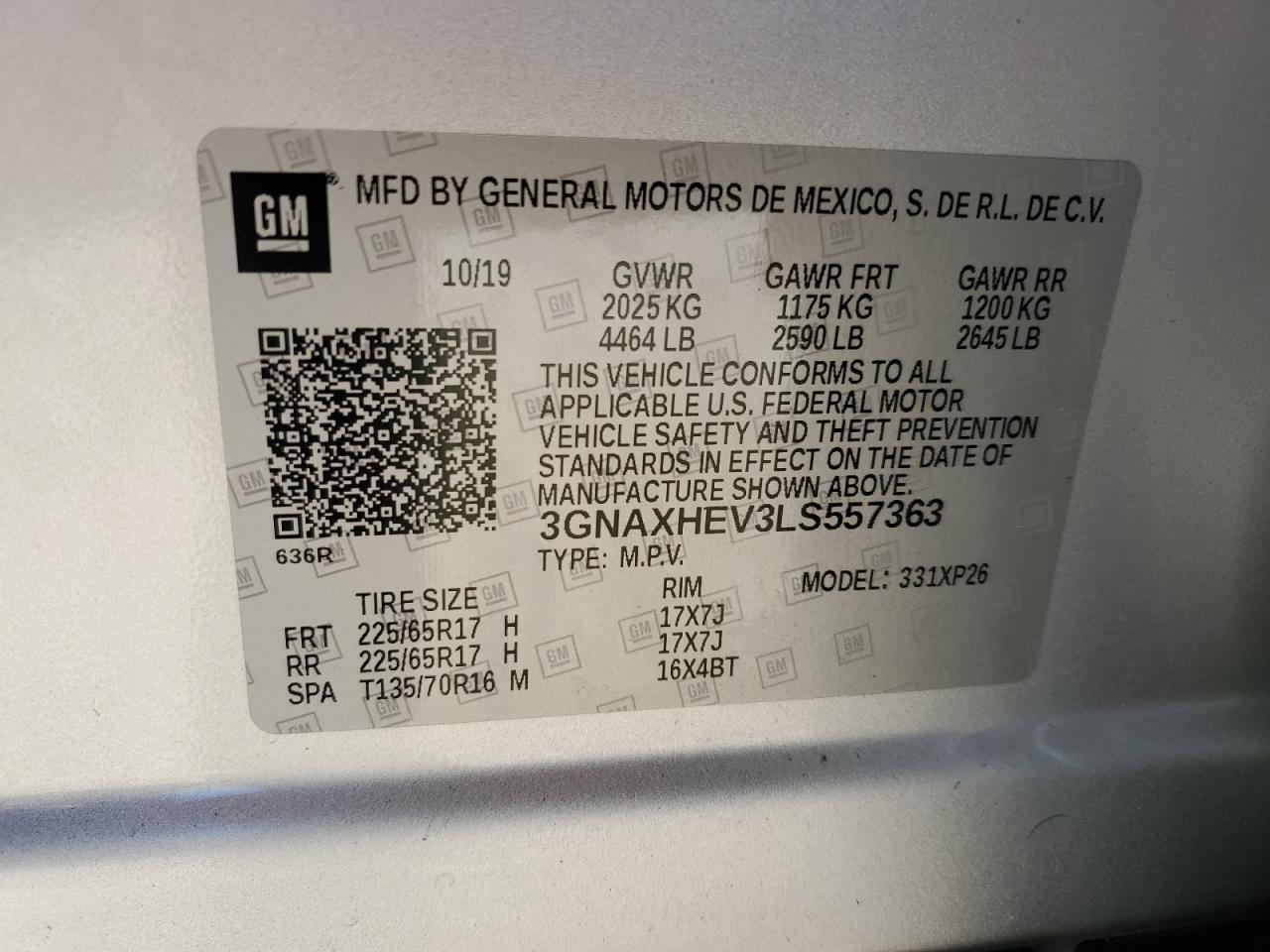 2020 Chevrolet Equinox VIN 3GNAXHEV3LS557363 Copart auction photo, side / mechanical damage thumbnail 12