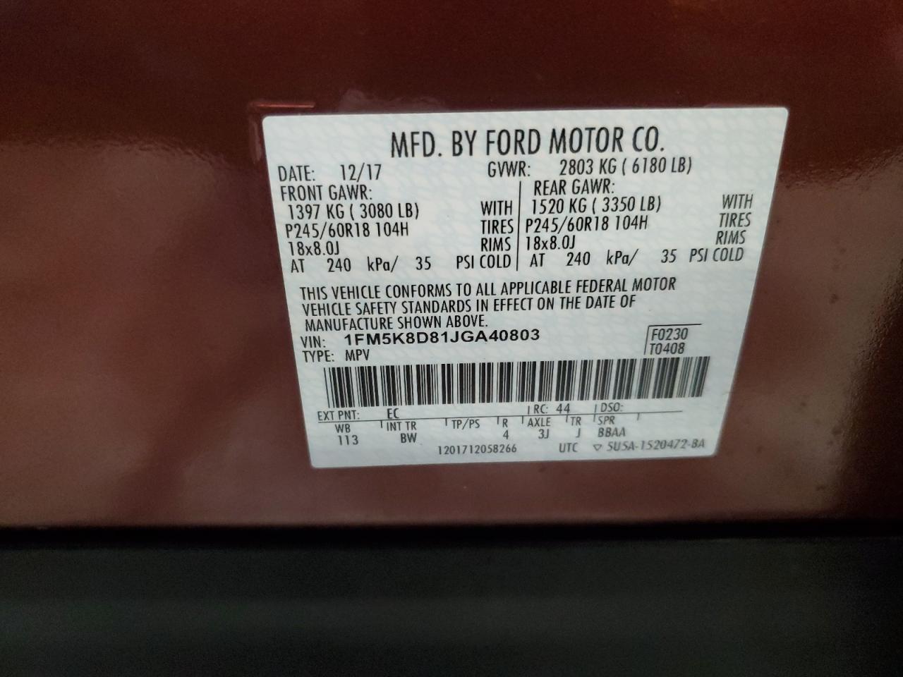 2018 Ford Explorer VIN 1FM5K8D81JGA40803 Copart auction photo, side damage thumbnail 13