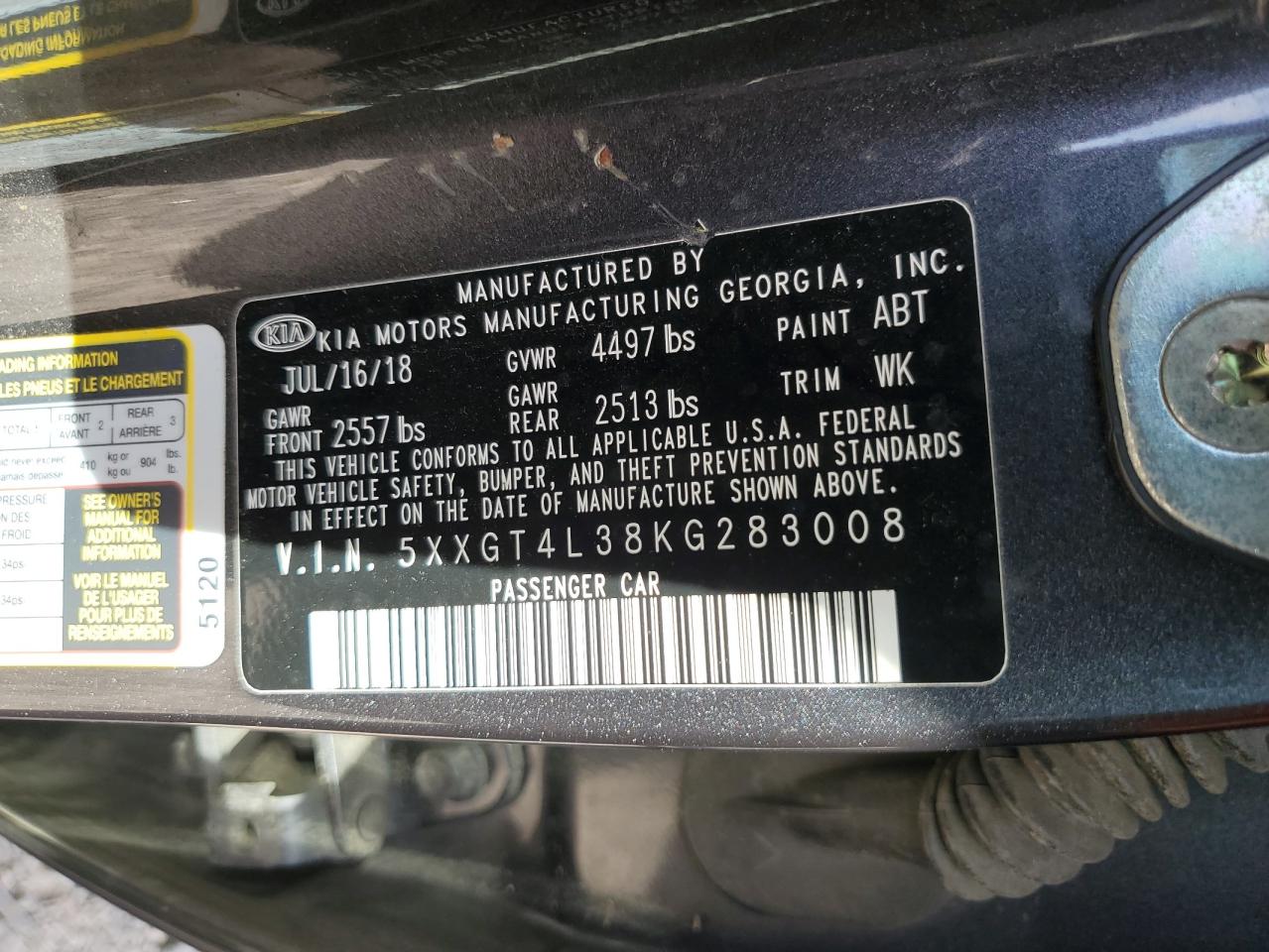 2019 KIA Optima VIN 5XXGT4L38KG283008 Copart auction photo, front end / rear end damage thumbnail 12