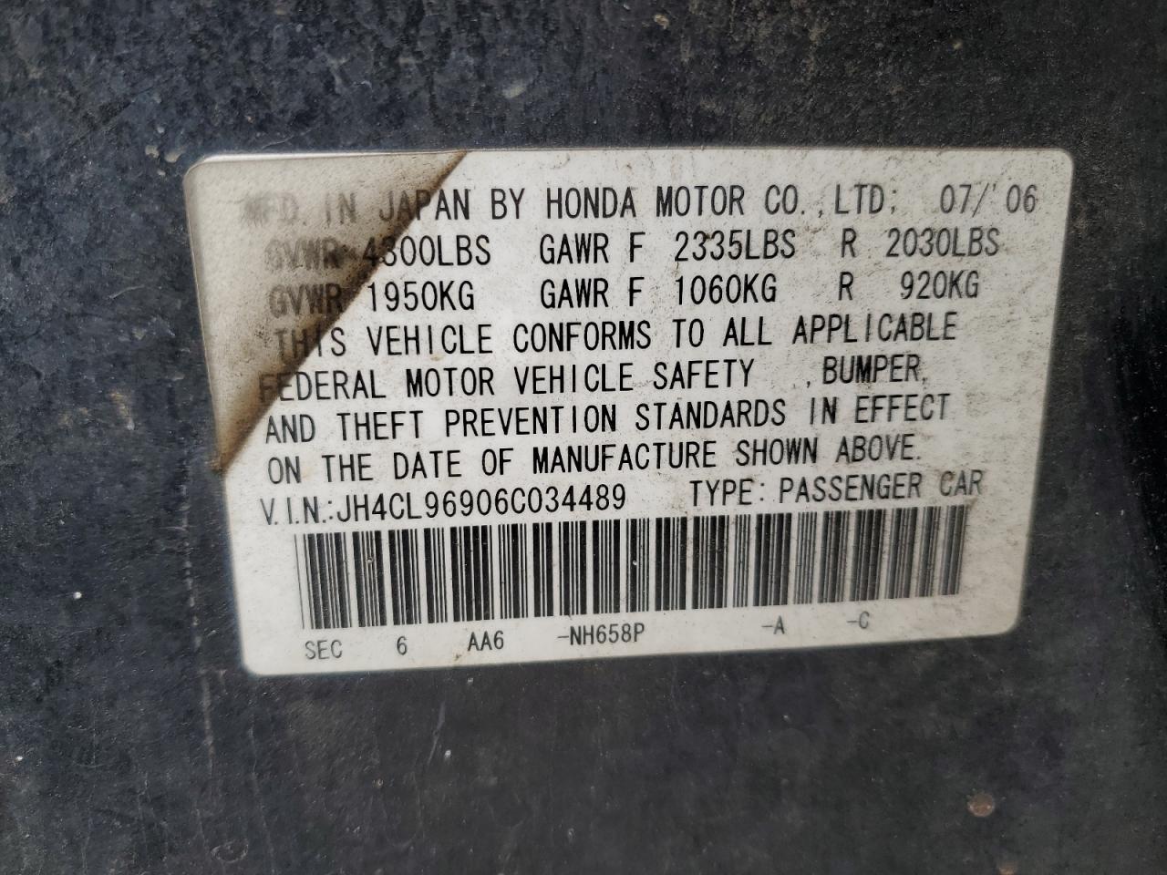 2006 Acura TSX VIN JH4CL96906C034489 Copart auction photo, all over damage thumbnail 12