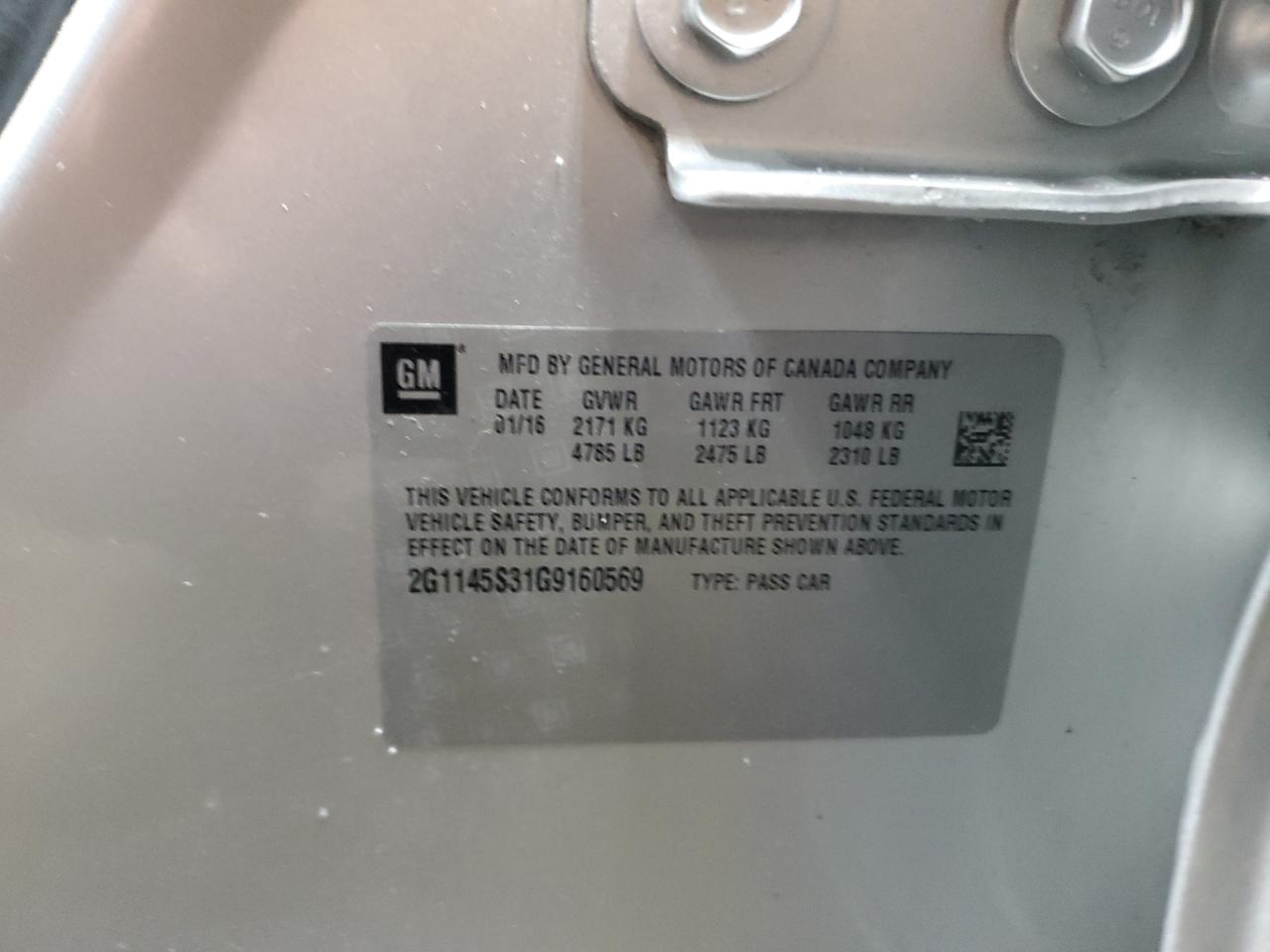 2016 Chevrolet Impala VIN 2G1145S31G9160569 Copart auction photo, front end damage thumbnail 12