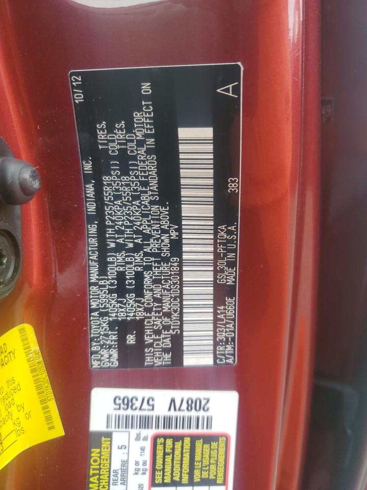 2013 Toyota Sienna VIN 5TDYK3DC1DS301849 Copart auction photo, rear end damage thumbnail 14