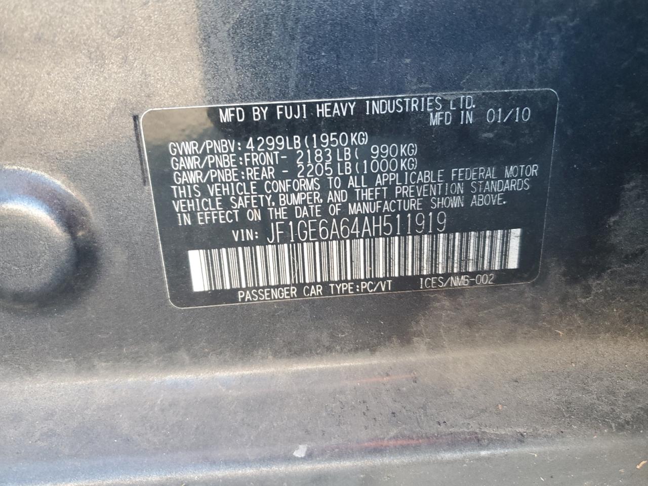 2010 Subaru Impreza VIN JF1GE6A64AH511919 Copart auction photo, side / front end damage thumbnail 13