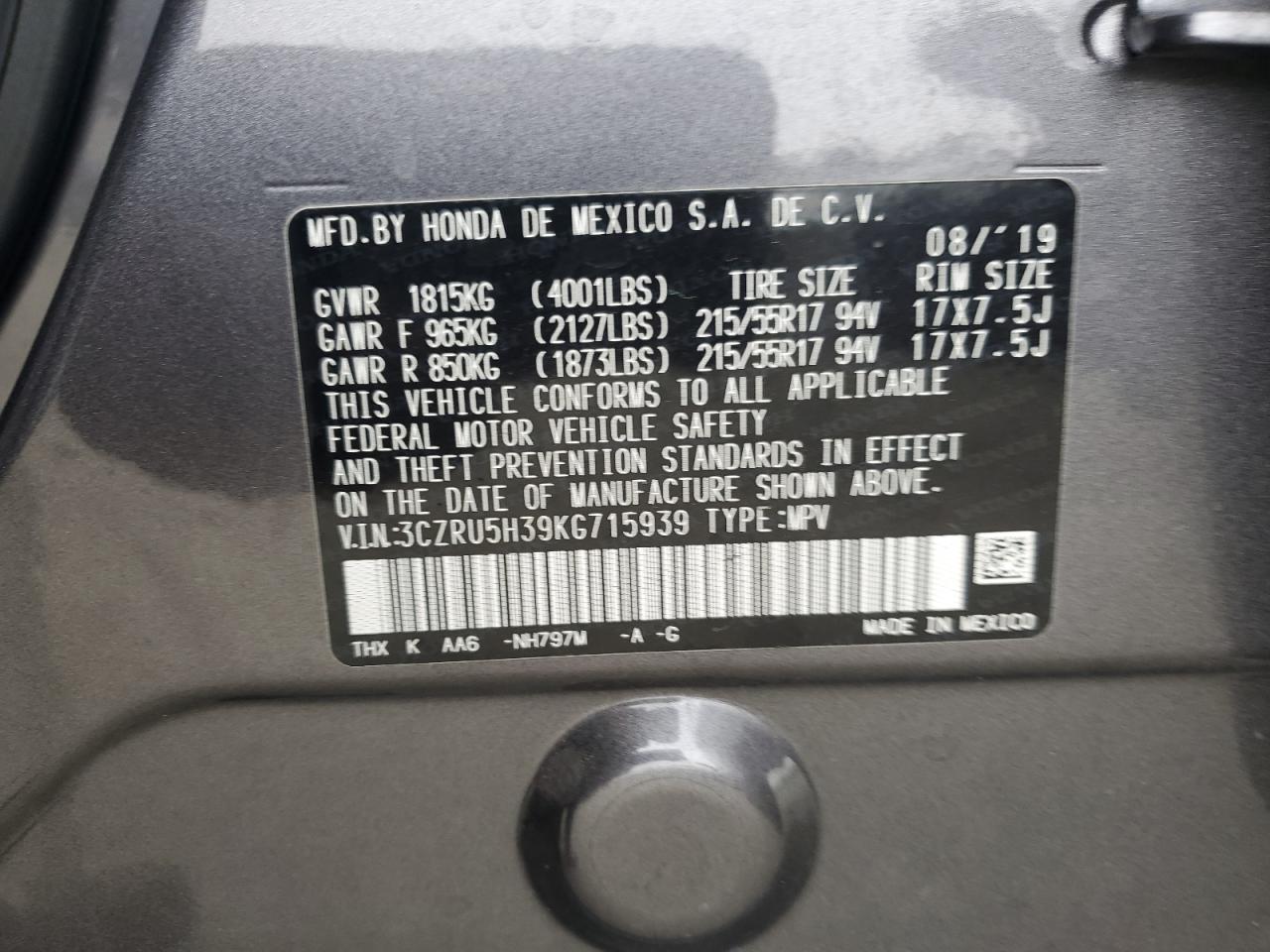 2019 Honda HR-V VIN 3CZRU5H39KG715939 Copart auction photo, front end / mechanical damage thumbnail 12
