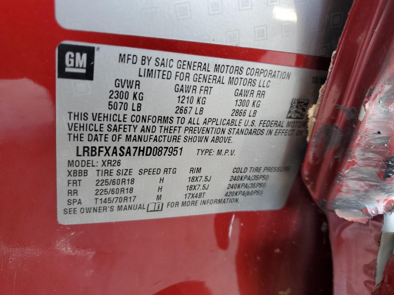 2017 Buick Envision VIN LRBFXASA7HD087951 Copart auction photo, front end / side damage thumbnail 13