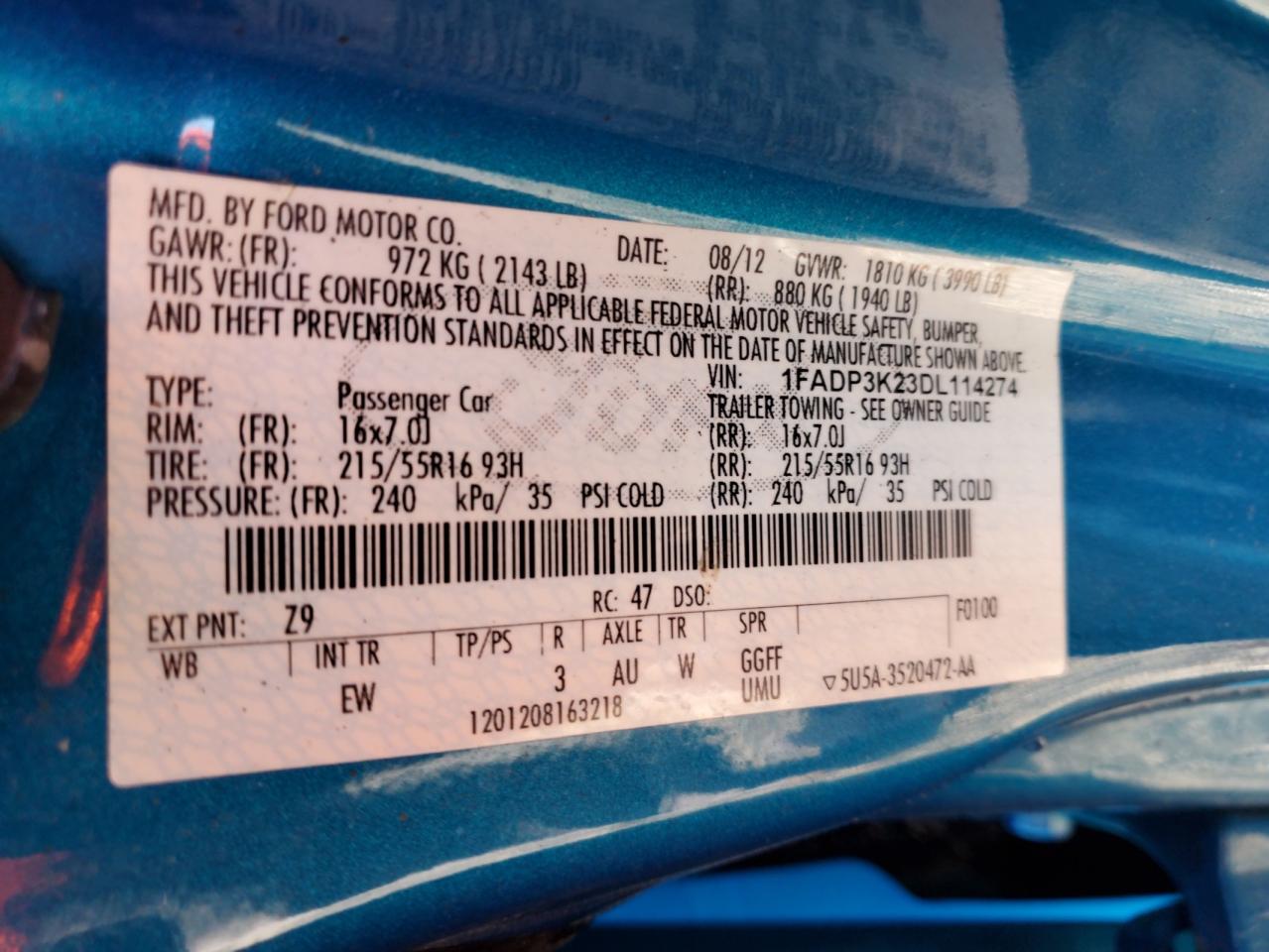 2013 Ford Focus VIN 1FADP3K23DL114274 Copart auction photo, front end damage thumbnail 12