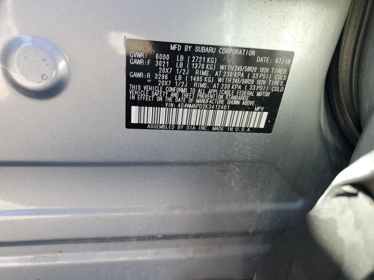 2019 Subaru Ascent VIN 4S4WMAPD2K3412401 Copart auction photo, rear end / minor dent/scratches damage thumbnail 15