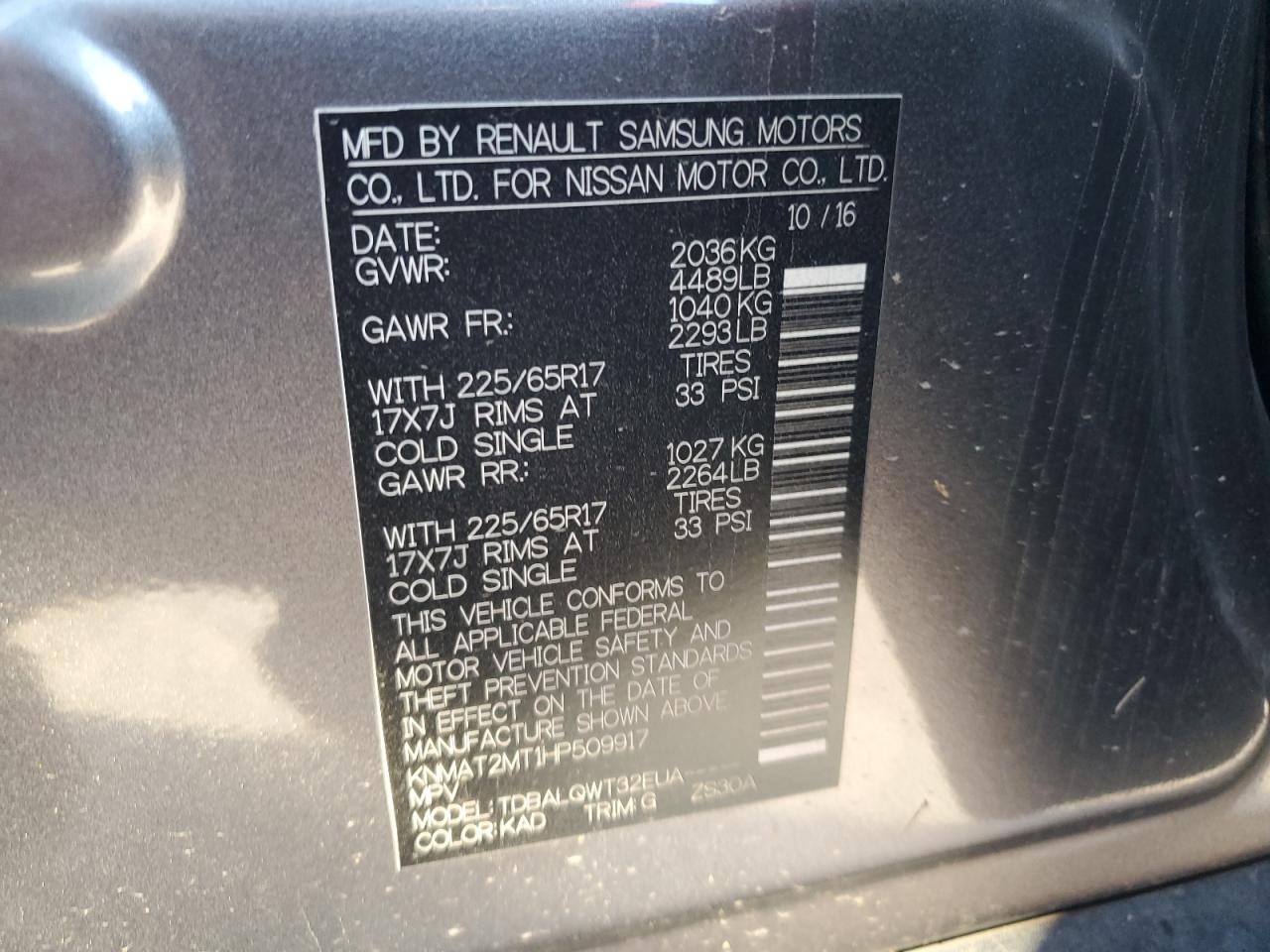 2017 Nissan Rogue VIN KNMAT2MT1HP509917 Copart auction photo, hail / minor dent/scratches damage thumbnail 13