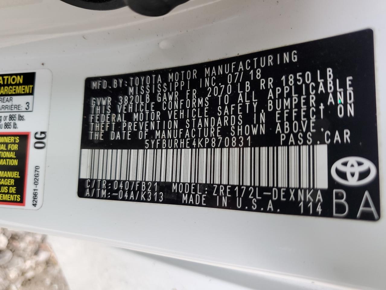 2019 Toyota Corolla VIN 5YFBURHE4KP870831 Copart auction photo, water/flood damage thumbnail 13