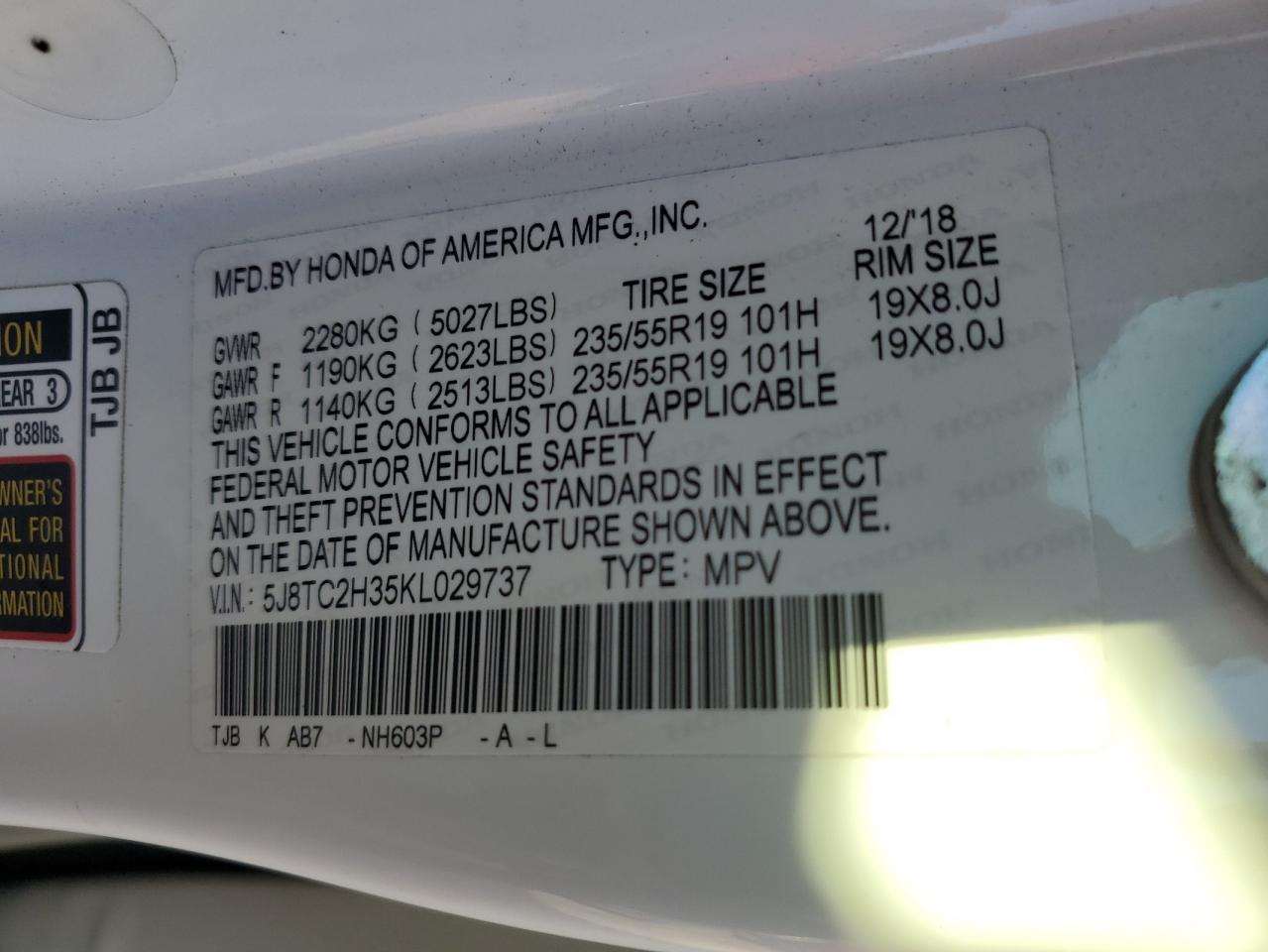 2019 Acura RDX VIN 5J8TC2H35KL029737 Copart auction photo, undercarriage damage thumbnail 14