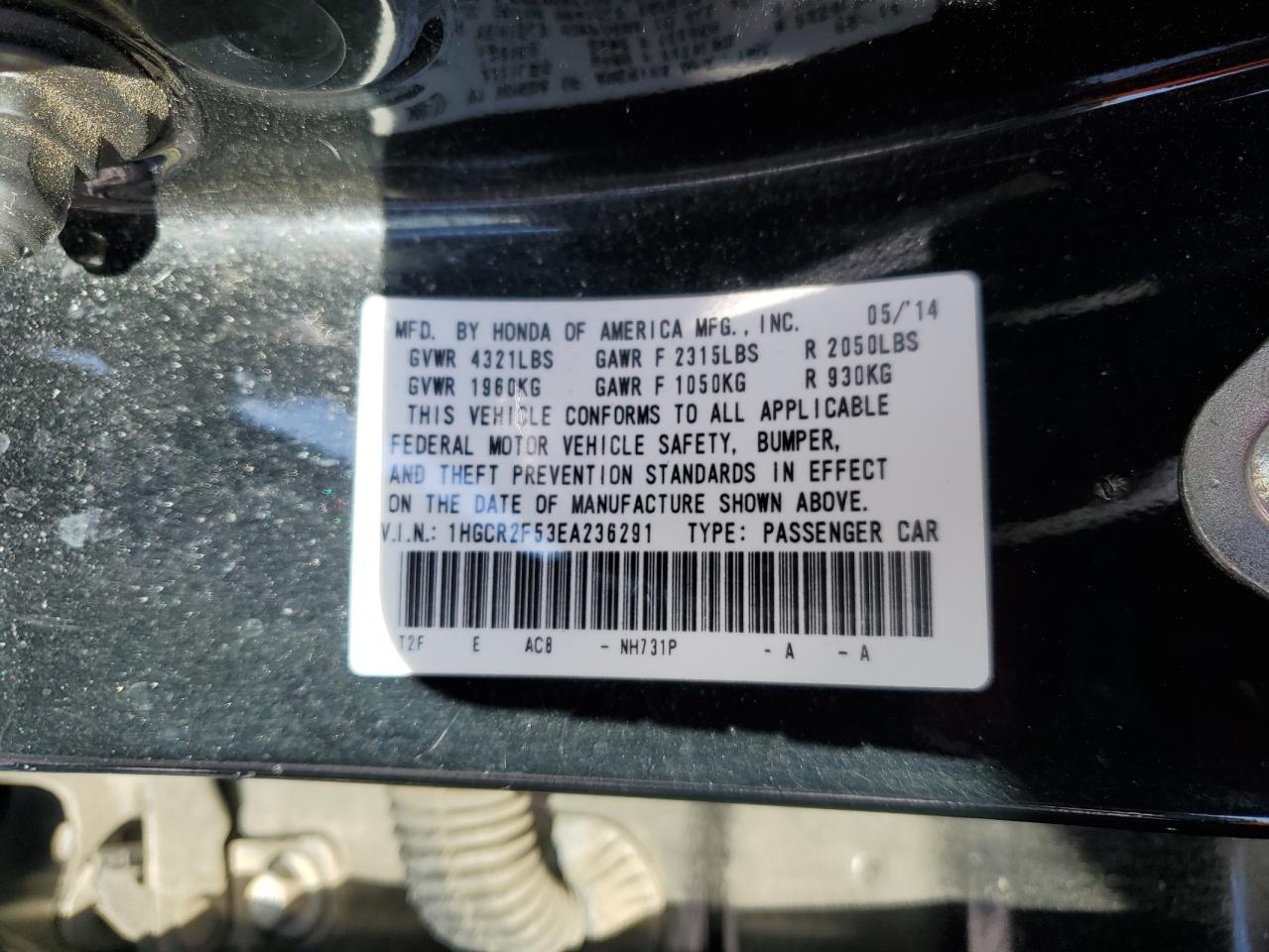 2014 Honda Accord VIN 1HGCR2F53EA236291 Copart auction photo, all over damage thumbnail 13