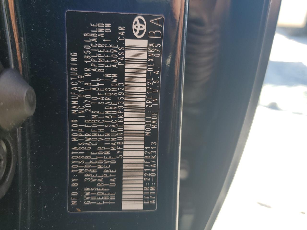 2019 Toyota Corolla VIN 5YFBURHE6KP935923 Copart auction photo, rear end damage thumbnail 12