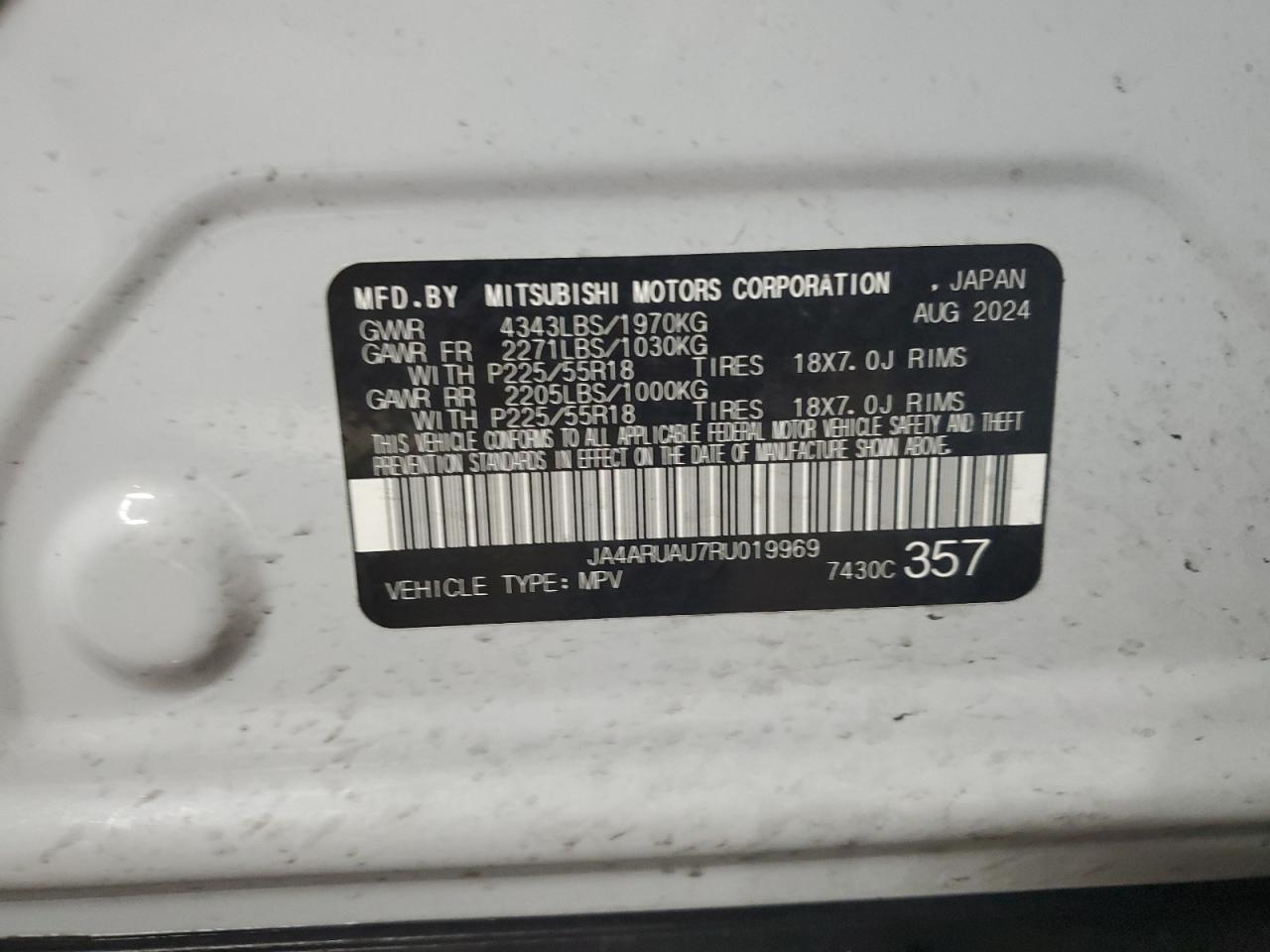 2024 Mitsubishi Outlander VIN JA4ARUAU7RU019969 Copart auction photo, front end / side damage thumbnail 12