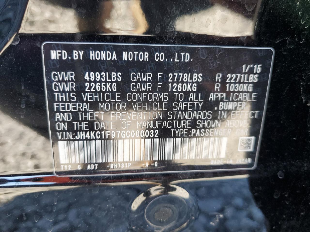 2016 Acura RLX VIN JH4KC1F97GC000032 Copart auction photo, side / front end damage thumbnail 12