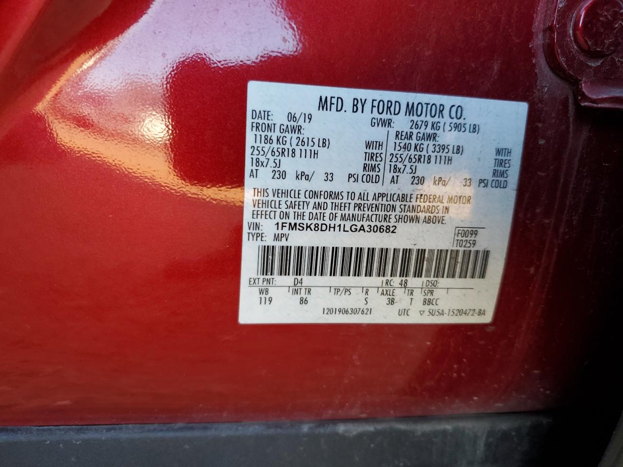 2020 Ford Explorer VIN 1FMSK8DH1LGA30682 Copart auction photo, front end damage thumbnail 15
