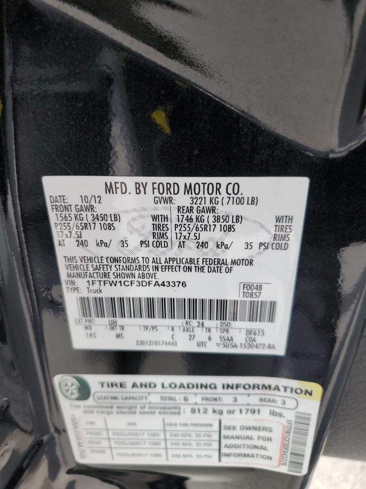 2013 Ford F-150 VIN 1FTFW1CF3DFA43376 Copart auction photo, rear end damage thumbnail 12