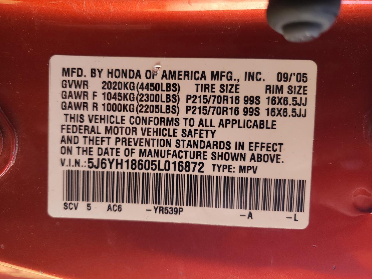 2005 Honda Element VIN 5J6YH18605L016872 Copart auction photo, front end / side damage thumbnail 12