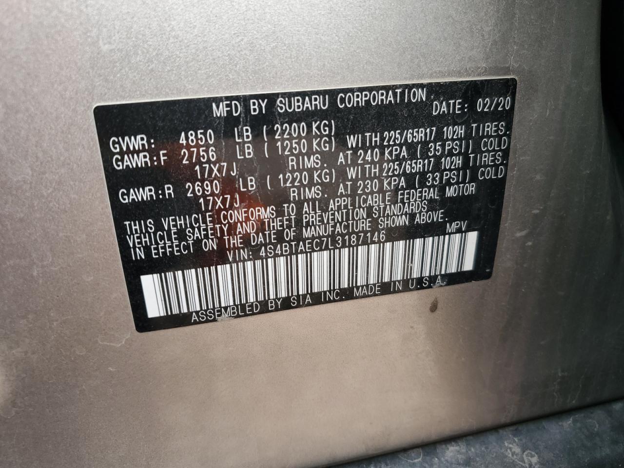 2020 Subaru Outback VIN 4S4BTAEC7L3187146 Copart auction photo, hail damage thumbnail 12