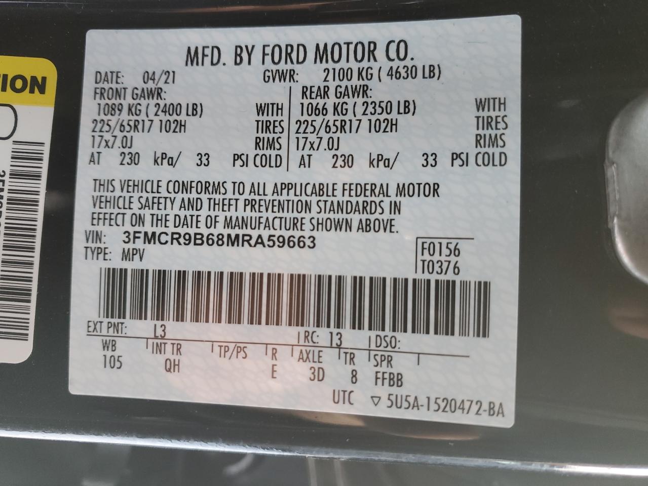 2021 Ford Bronco VIN 3FMCR9B68MRA59663 Copart auction photo, front end damage thumbnail 13