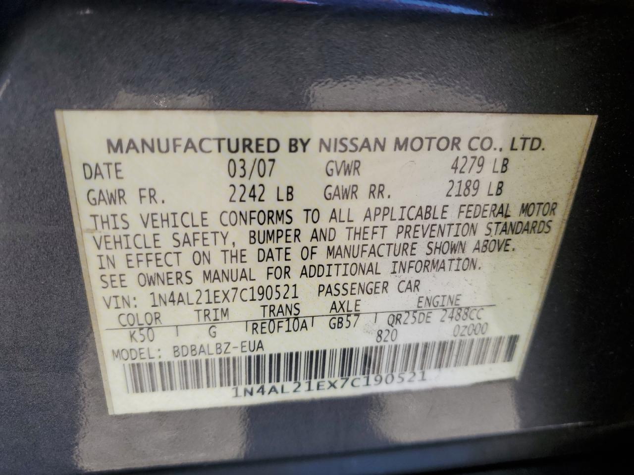 2007 Nissan Altima VIN 1N4AL21EX7C190521 Copart auction photo, rear end / front end damage thumbnail 12