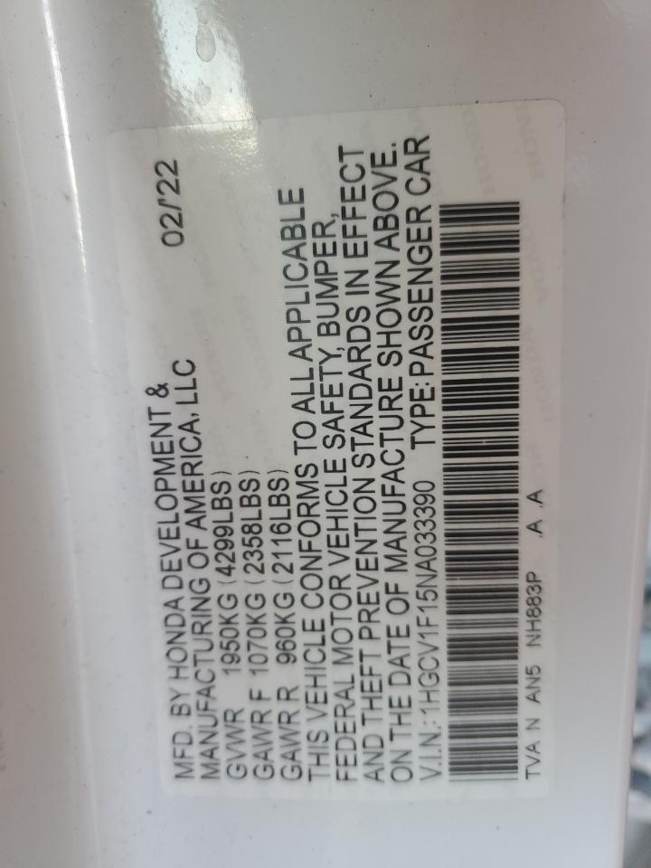 2022 Honda Accord VIN 1HGCV1F15NA033390 Copart auction photo, front end damage thumbnail 12