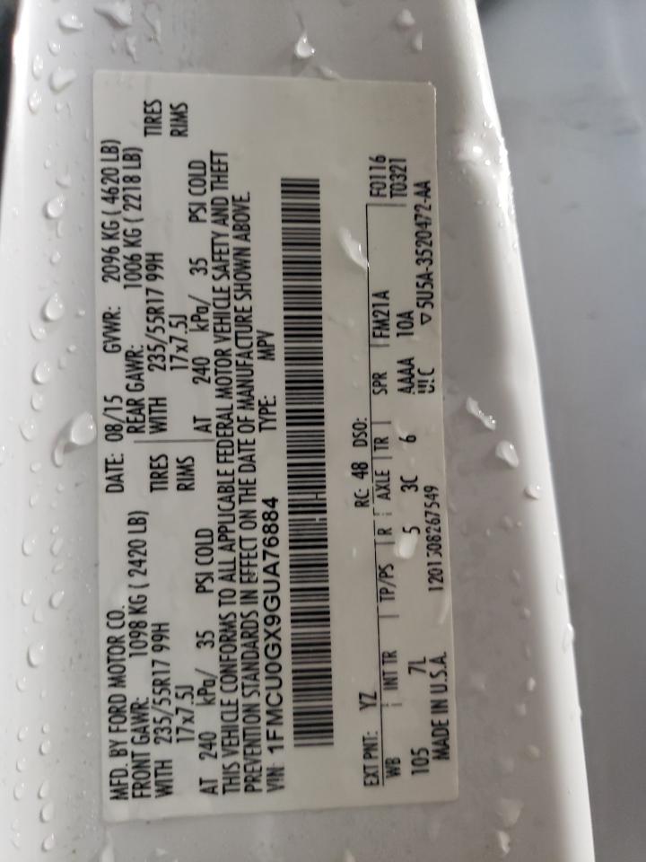 2016 Ford Escape VIN 1FMCU0GX9GUA76884 Copart auction photo, side / front end damage thumbnail 12