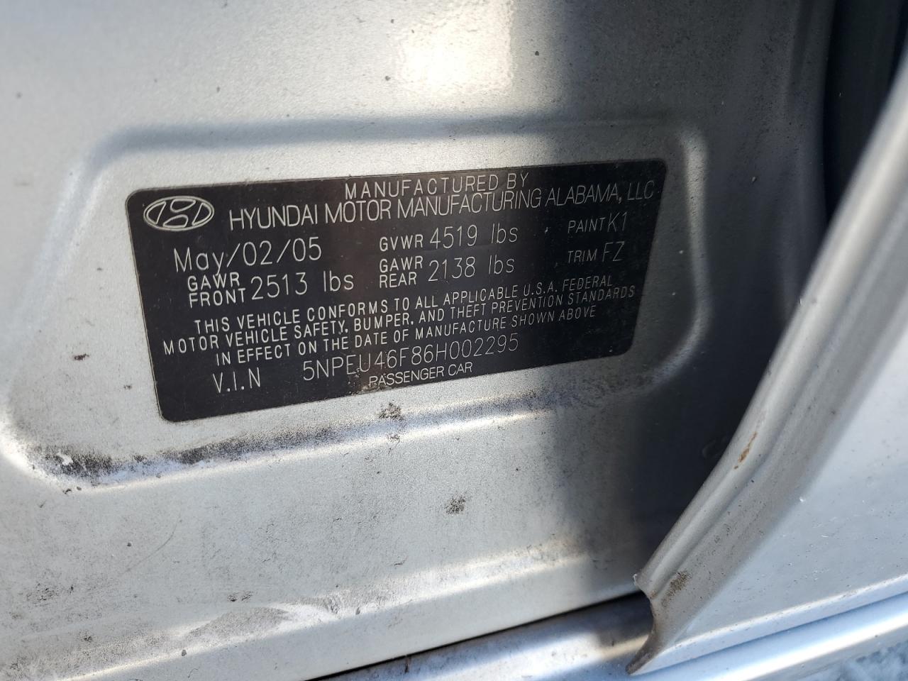 2006 Hyundai Sonata VIN 5NPEU46F86H002295 Copart auction photo, side / front end damage thumbnail 14