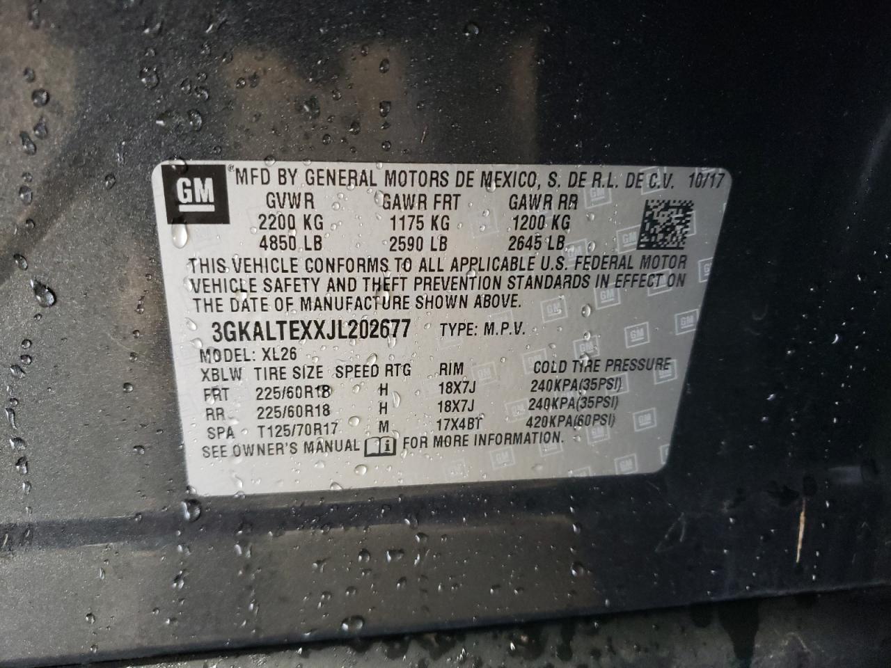 2018 GMC Terrain VIN 3GKALTEXXJL202677 Copart auction photo, rear end damage thumbnail 12