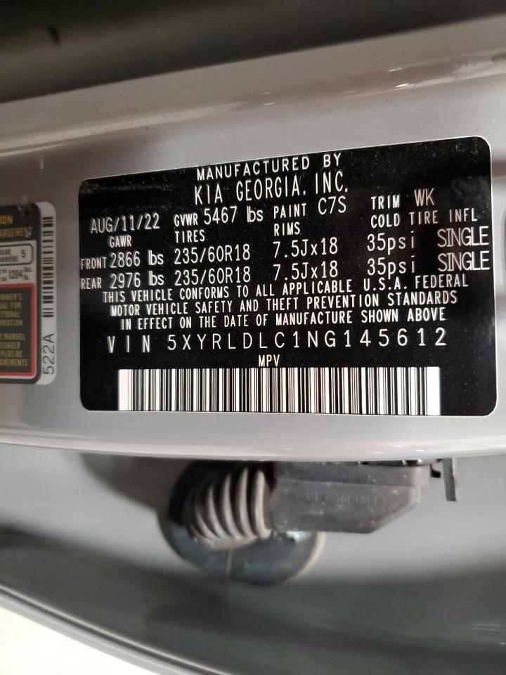 2022 KIA Sorento VIN 5XYRLDLC1NG145612 Copart auction photo, front end / side damage thumbnail 13