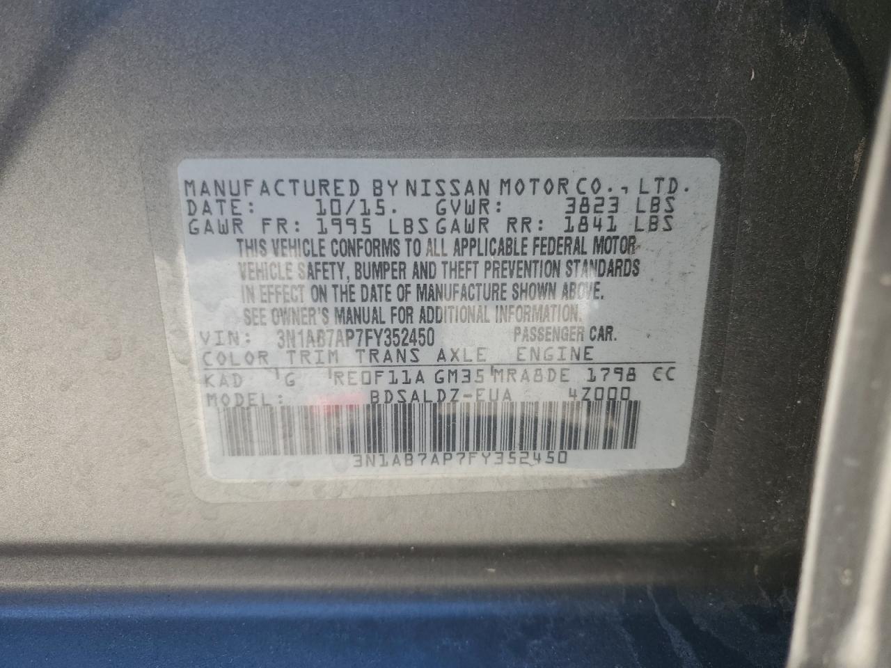 2015 Nissan Sentra VIN 3N1AB7AP7FY352450 Copart auction photo, front end damage thumbnail 12