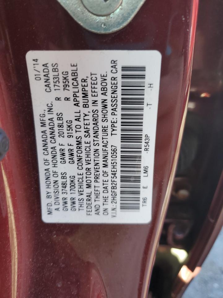 2014 Honda Civic VIN 2HGFB2F54EH510567 Copart auction photo, front end / side damage thumbnail 12