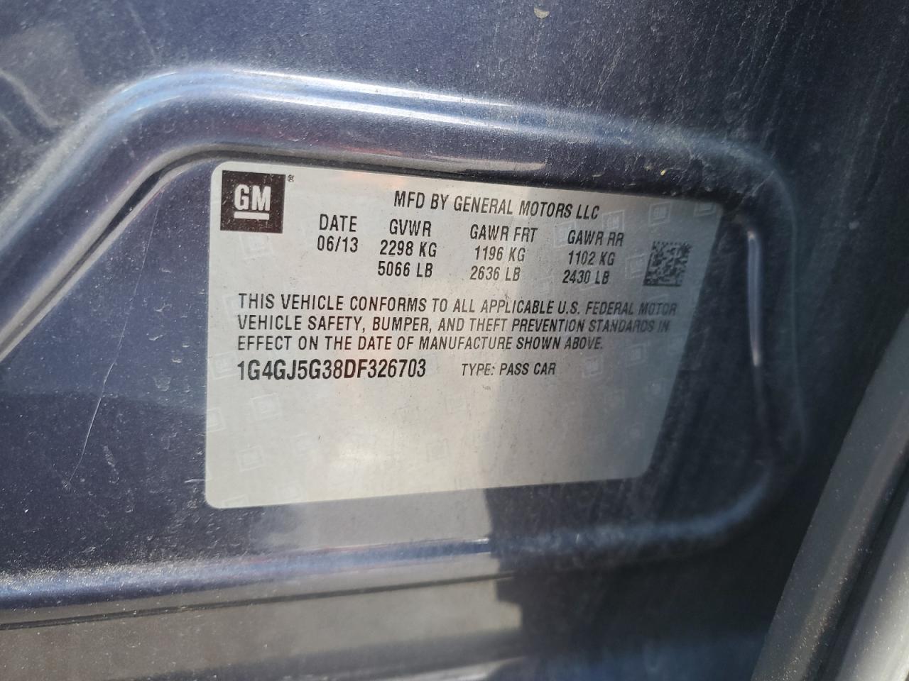 2013 Buick LaCrosse VIN 1G4GJ5G38DF326703 Copart auction photo, rear end damage thumbnail 13