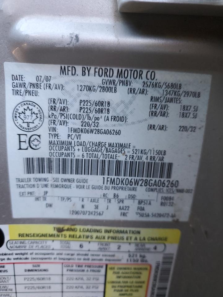 2008 Ford Taurus VIN 1FMDK06W28GA06260 Copart auction photo, side / front end damage thumbnail 13