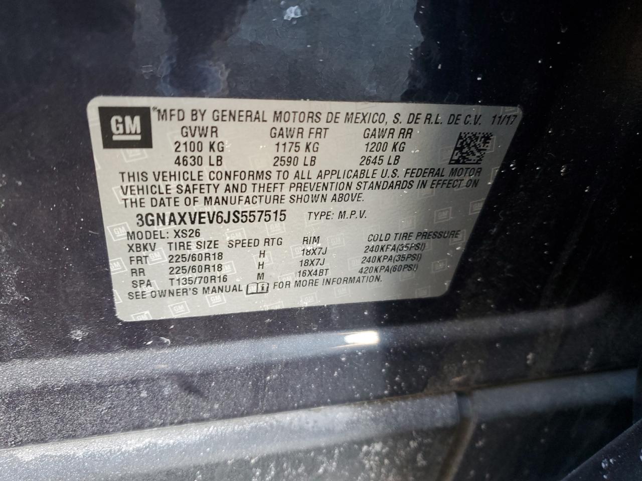 2018 Chevrolet Equinox VIN 3GNAXVEV6JS557515 Copart auction photo, rear end damage thumbnail 13