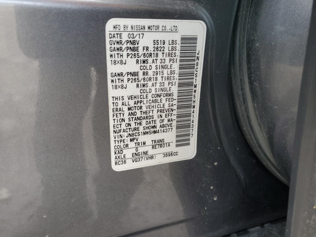 2017 Infiniti QX70 VIN JN8CS1MW5HM414377 Copart auction photo, front end / side damage thumbnail 14