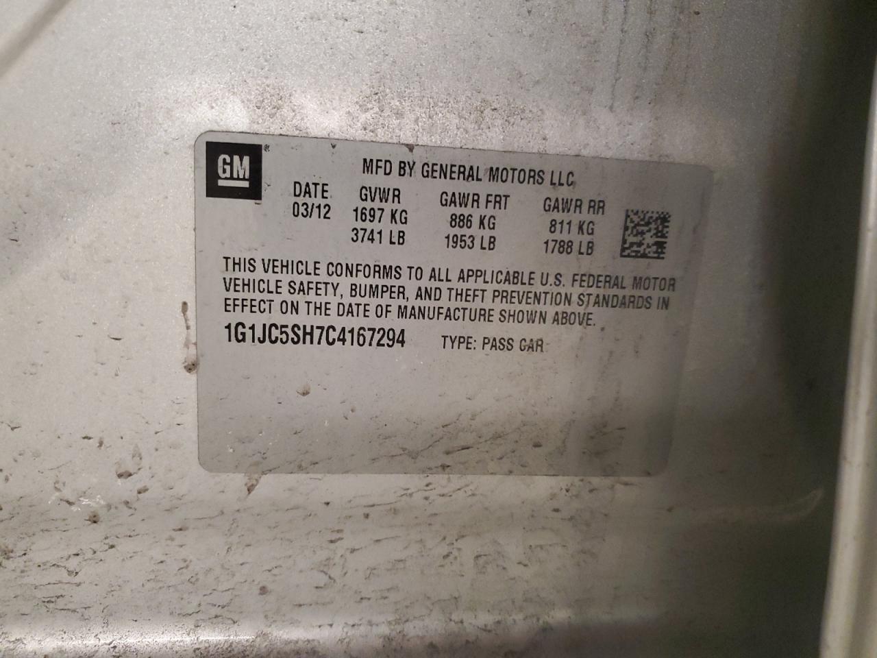 2012 Chevrolet Sonic VIN 1G1JC5SH7C4167294 Copart auction photo, front end damage thumbnail 14