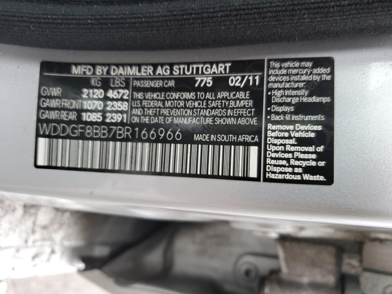 2011 Mercedes-Benz C-klasse VIN WDDGF8BB7BR166966 Copart auction photo, all over damage thumbnail 12